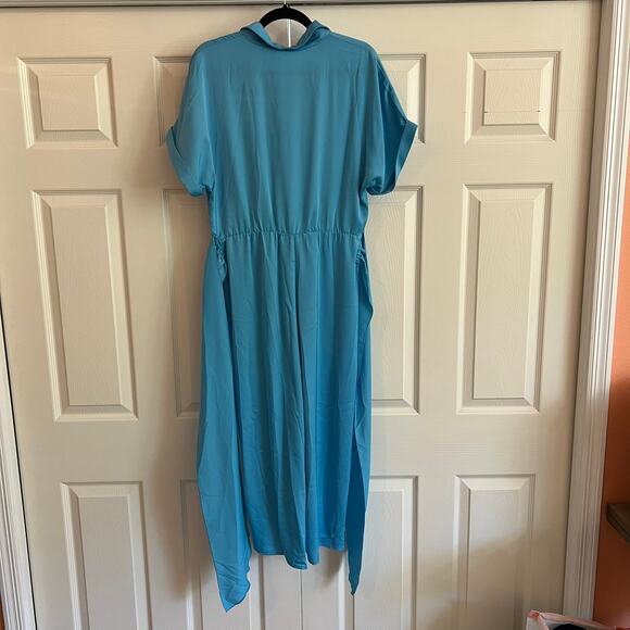 NWT BTFBM Blue Button-Down Ruched Midi Shirt Dress Size L Belted Office Career - Picture 4 of 11